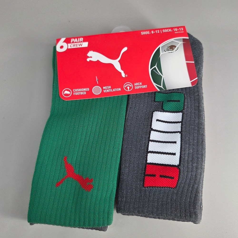 Puma Crew‎ Socks Mens 10-13 6 Pair Mexico Soccer Colors Athletic Sportswear
